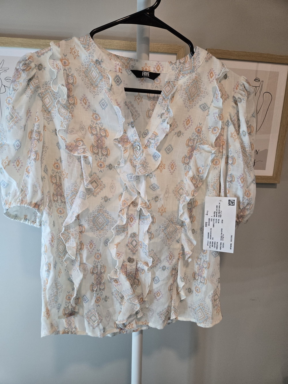NWT Frye Cream Ruffle Front Printed Blouse with Peach & Light Blue Motif